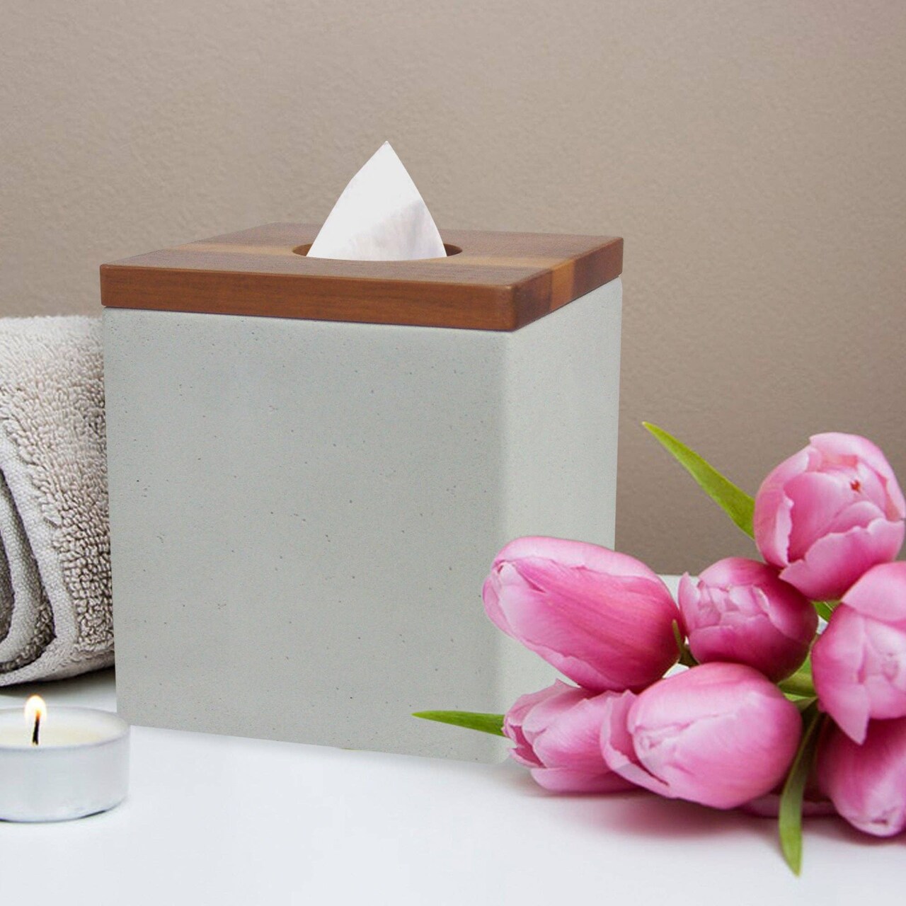 Boutique Tissue Box Cover | Marble Square Facial Tissue Box Holder for Bathroom Vanity Countertops | Stone Finish